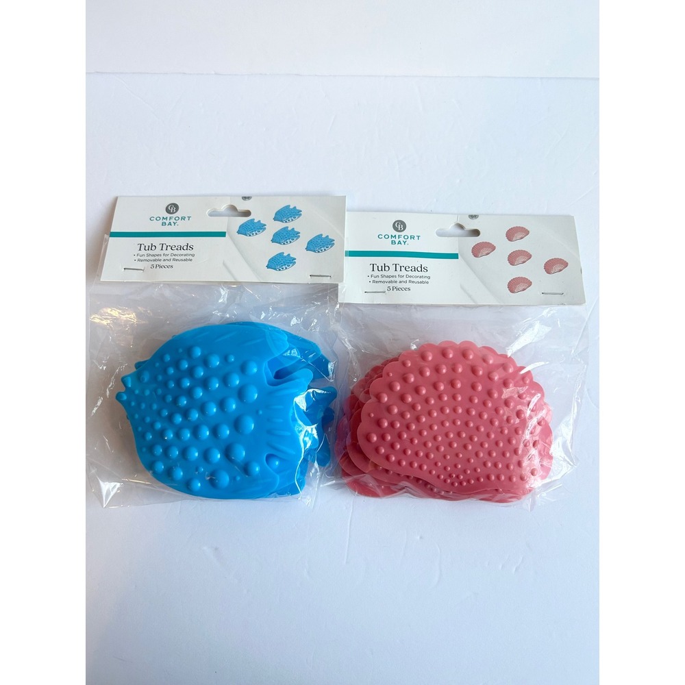 Comfort Bay Tub Treads 10pc Blue Fish Pink Shell Non-Slip Suction Reusable